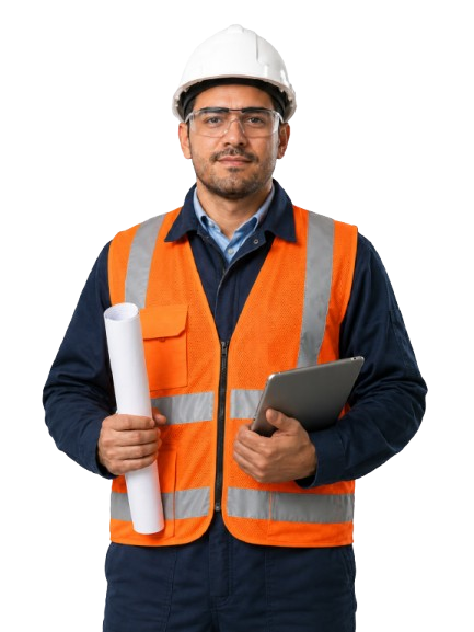 Ingeniero con casco blanco, planos y tablet en terreno